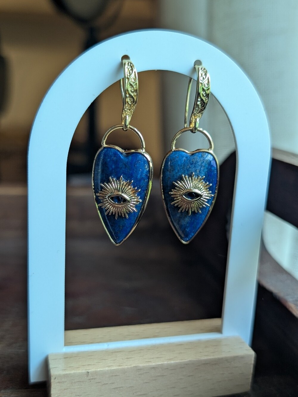 Blue Lapis Shield Gold Drop Earrings with Sunburst Eye Accent - Picture 4 of 6